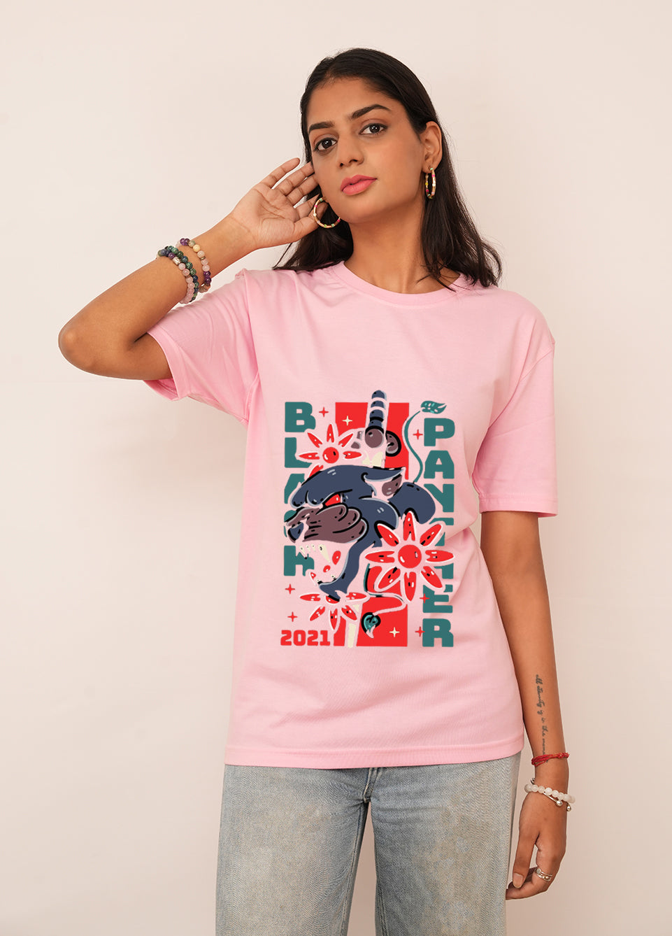 Anime Women Oversized Black Panther Printed Tshirt