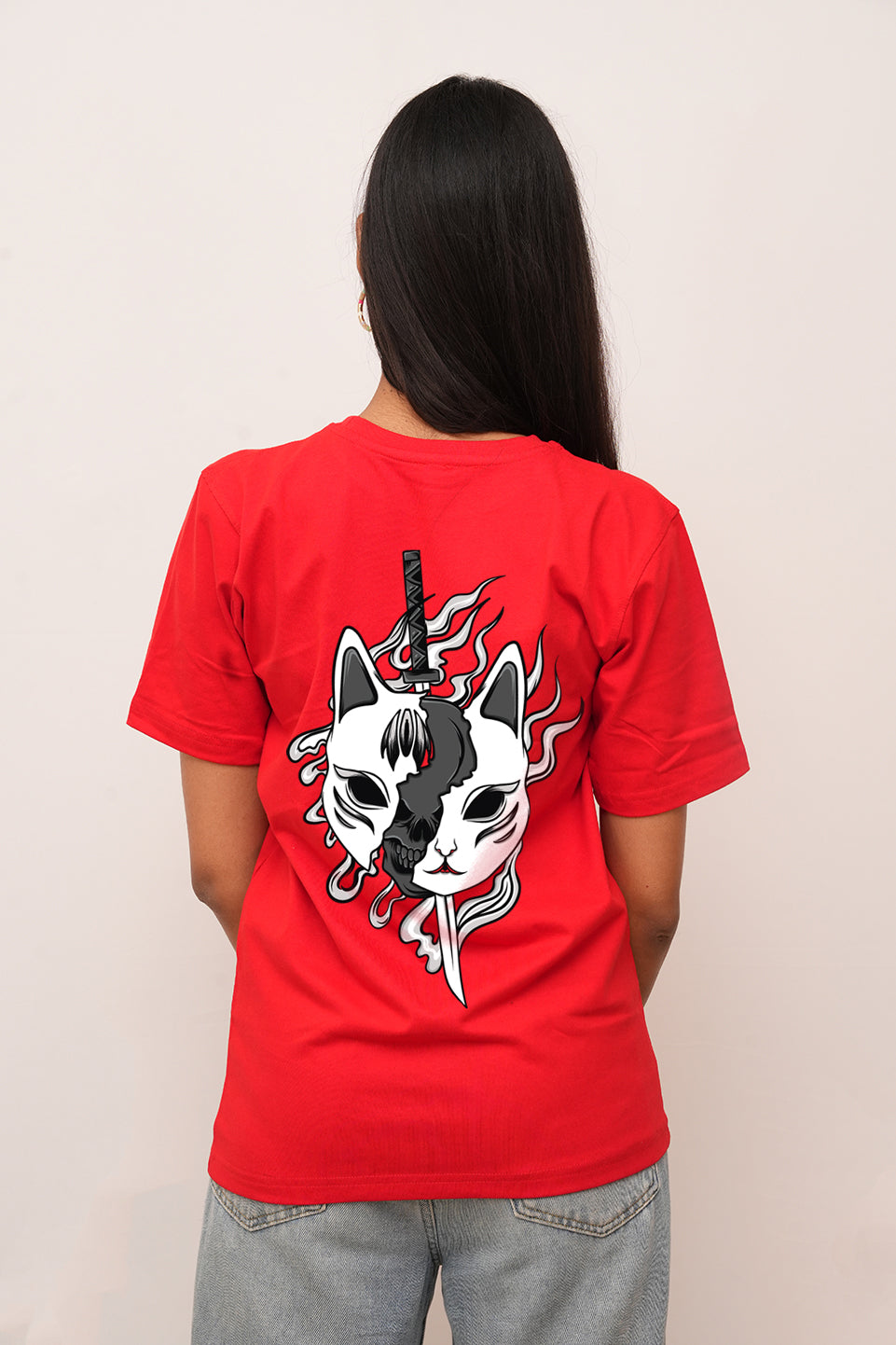 Anime Women Oversized Mask Kitsune  Printed Tshirt