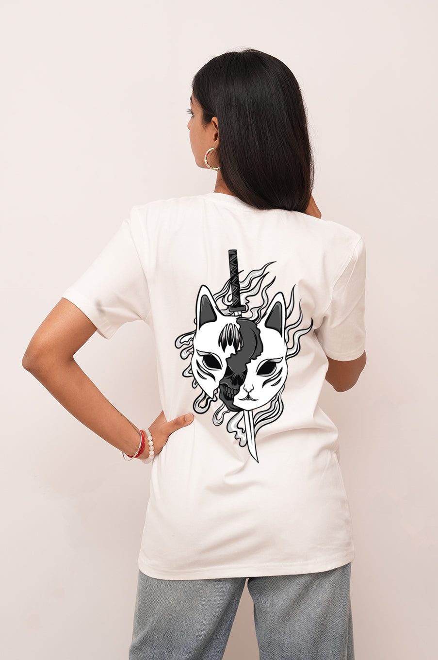 Anime Women Oversized Mask Kitsune  Printed Tshirt