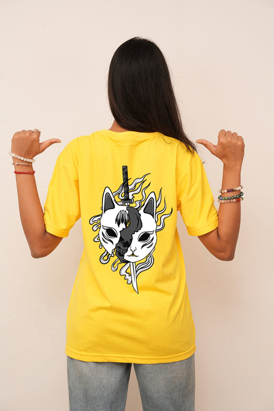 Anime Women Oversized Mask Kitsune  Printed Tshirt