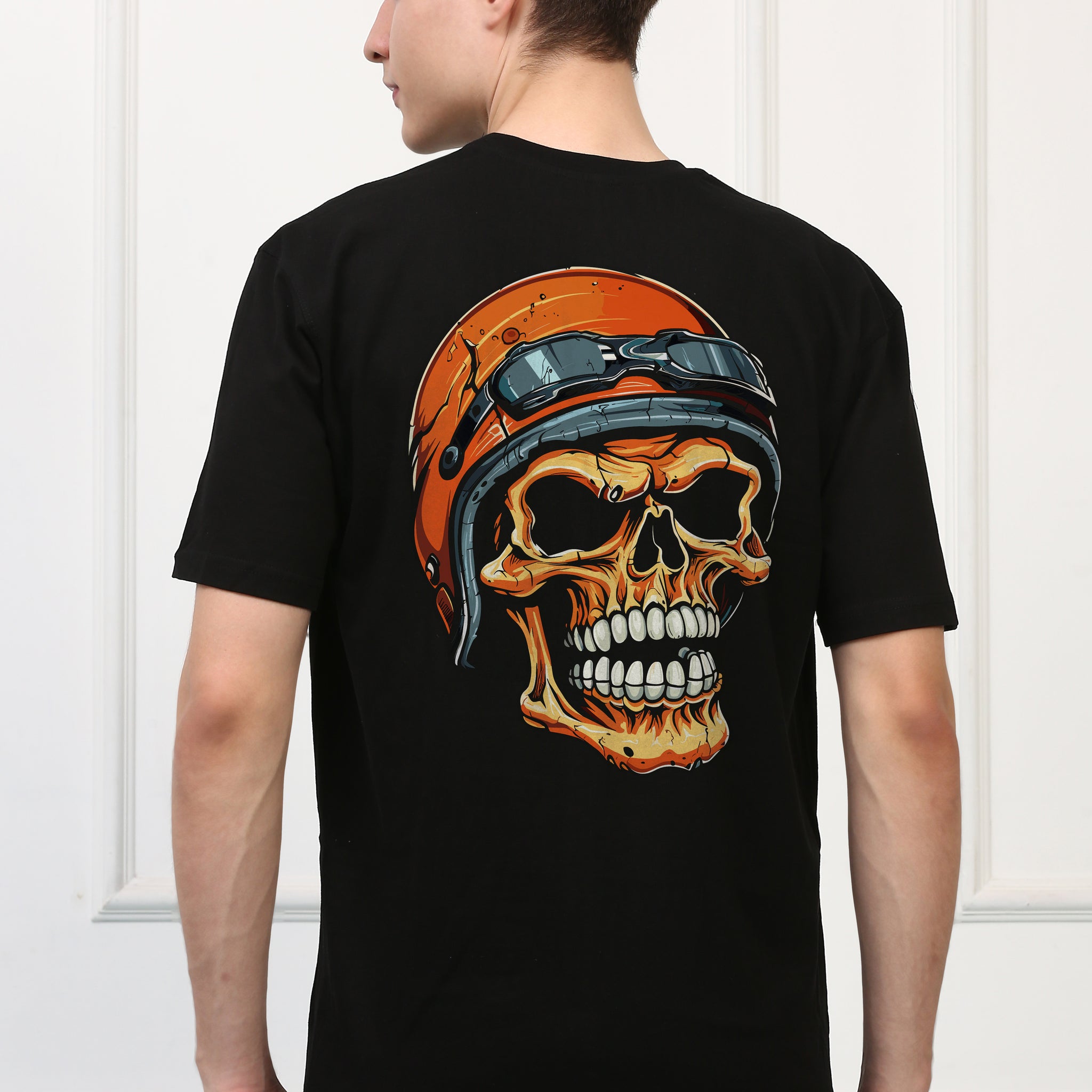 Wearing Helmet  Skull  Printed  T-shirt