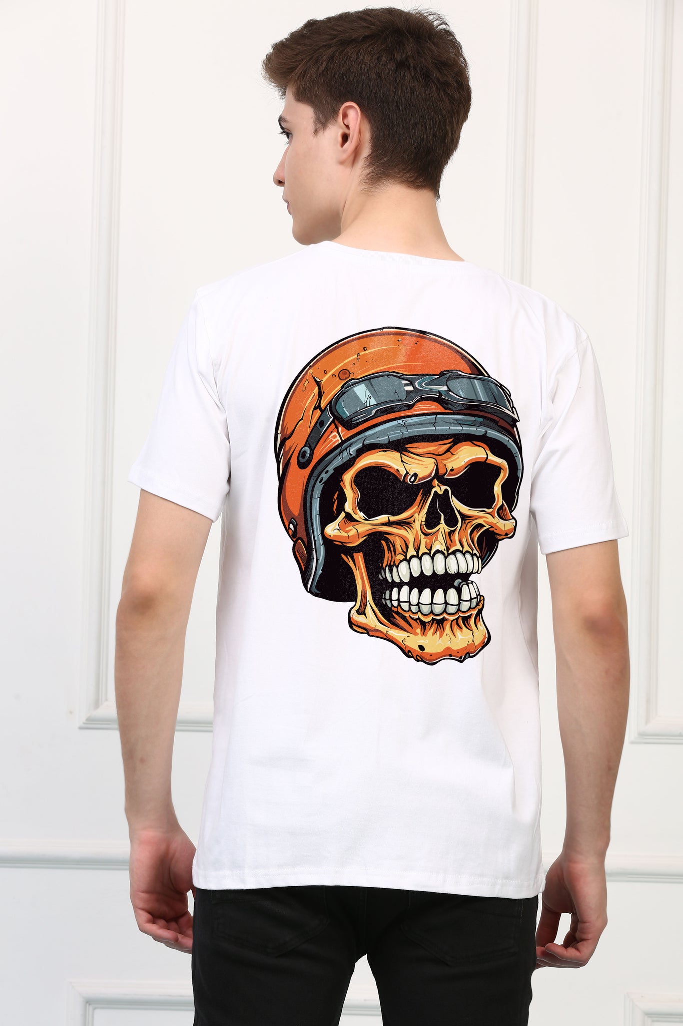 Wearing Helmet  Skull  Printed  T-shirt