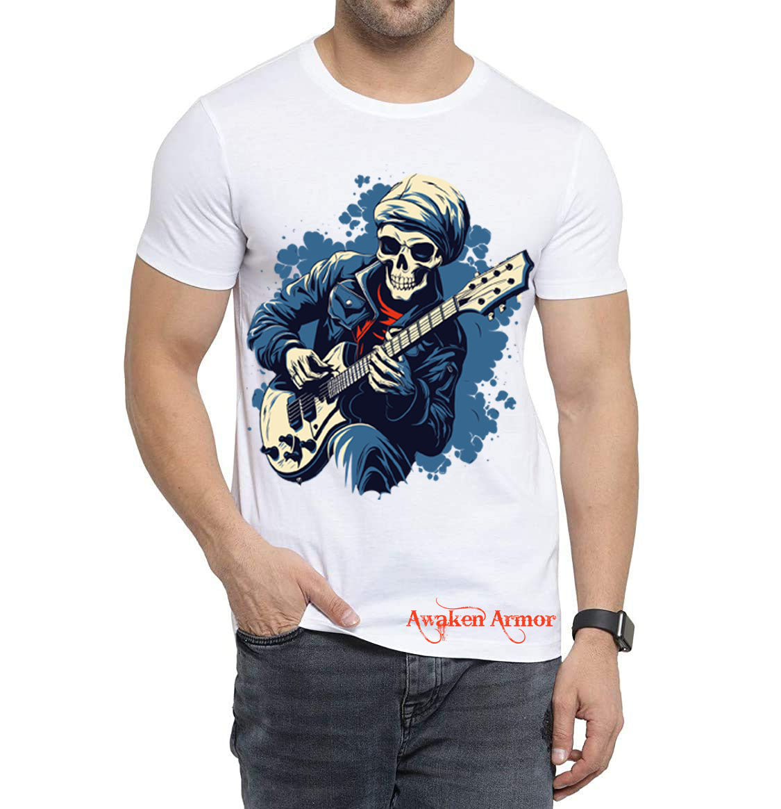 Men's Playing Guiter Skull  Printed  T-shirt