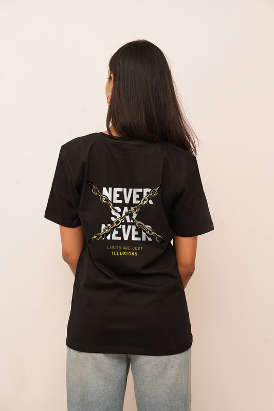 Typography Women Oversized Never Say Never Printed Tshirt