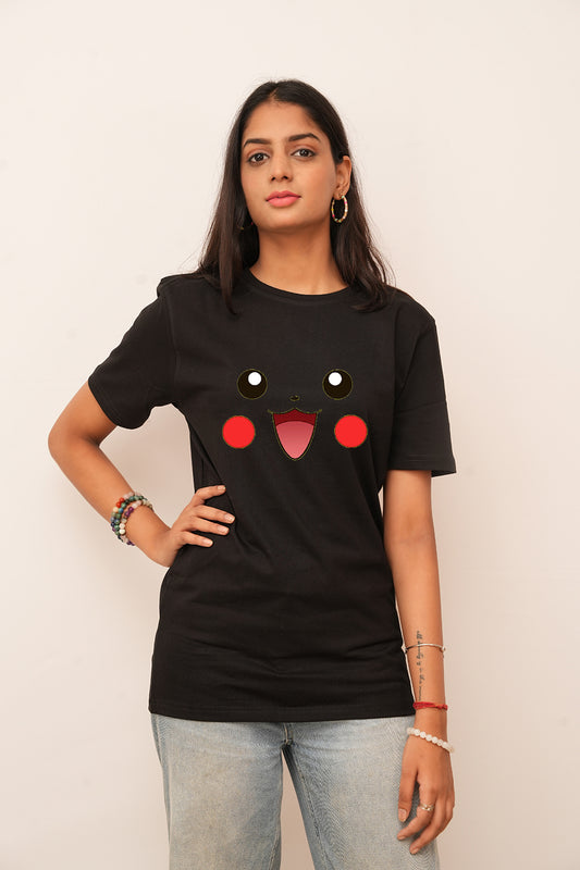 Cartoon Women Oversized Pikachu Face  Printed Tshirt