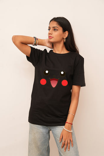 Cartoon Women Oversized Pikachu Face  Printed Tshirt