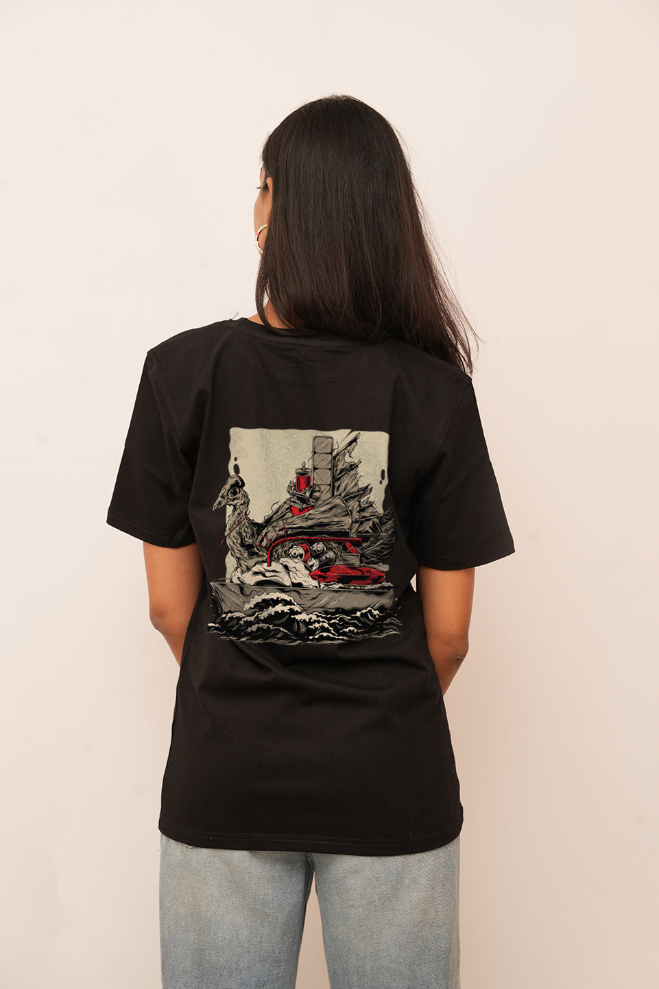 Women Oversized Warship On  Sea Printed Tshirt