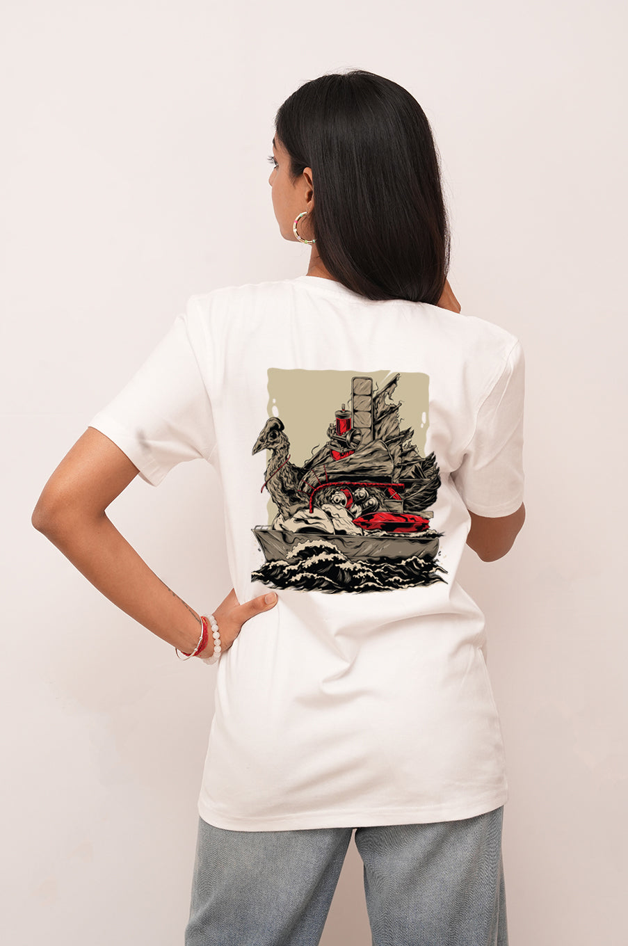 Women Oversized Warship On  Sea Printed Tshirt