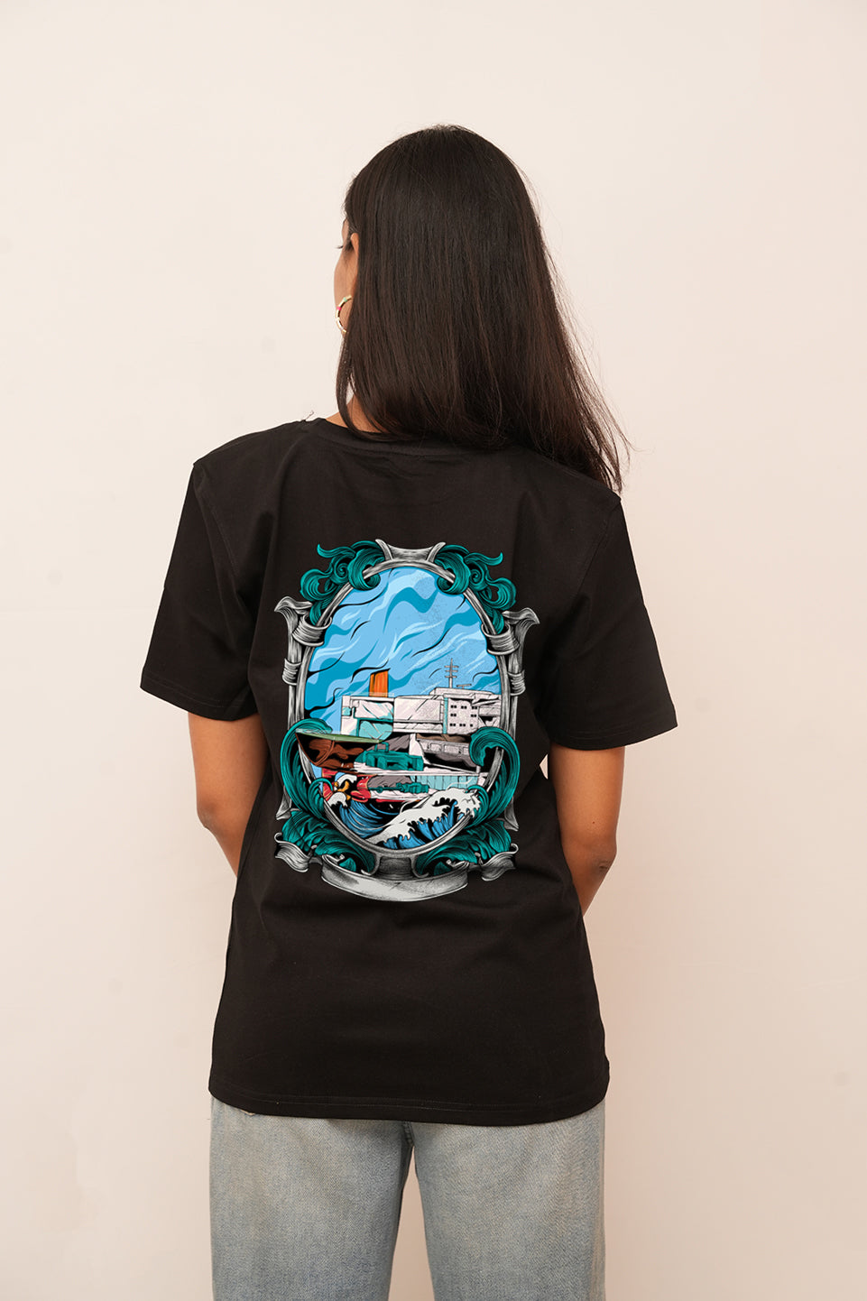 Women Oversized Warship On the Sea Printed Tshirt