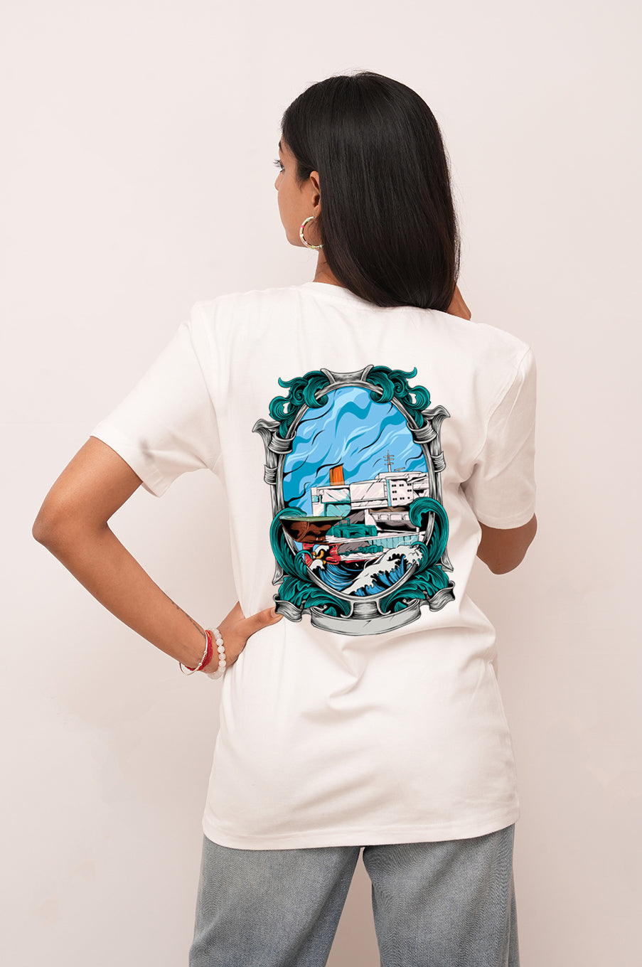 Women Oversized Warship On the Sea Printed Tshirt