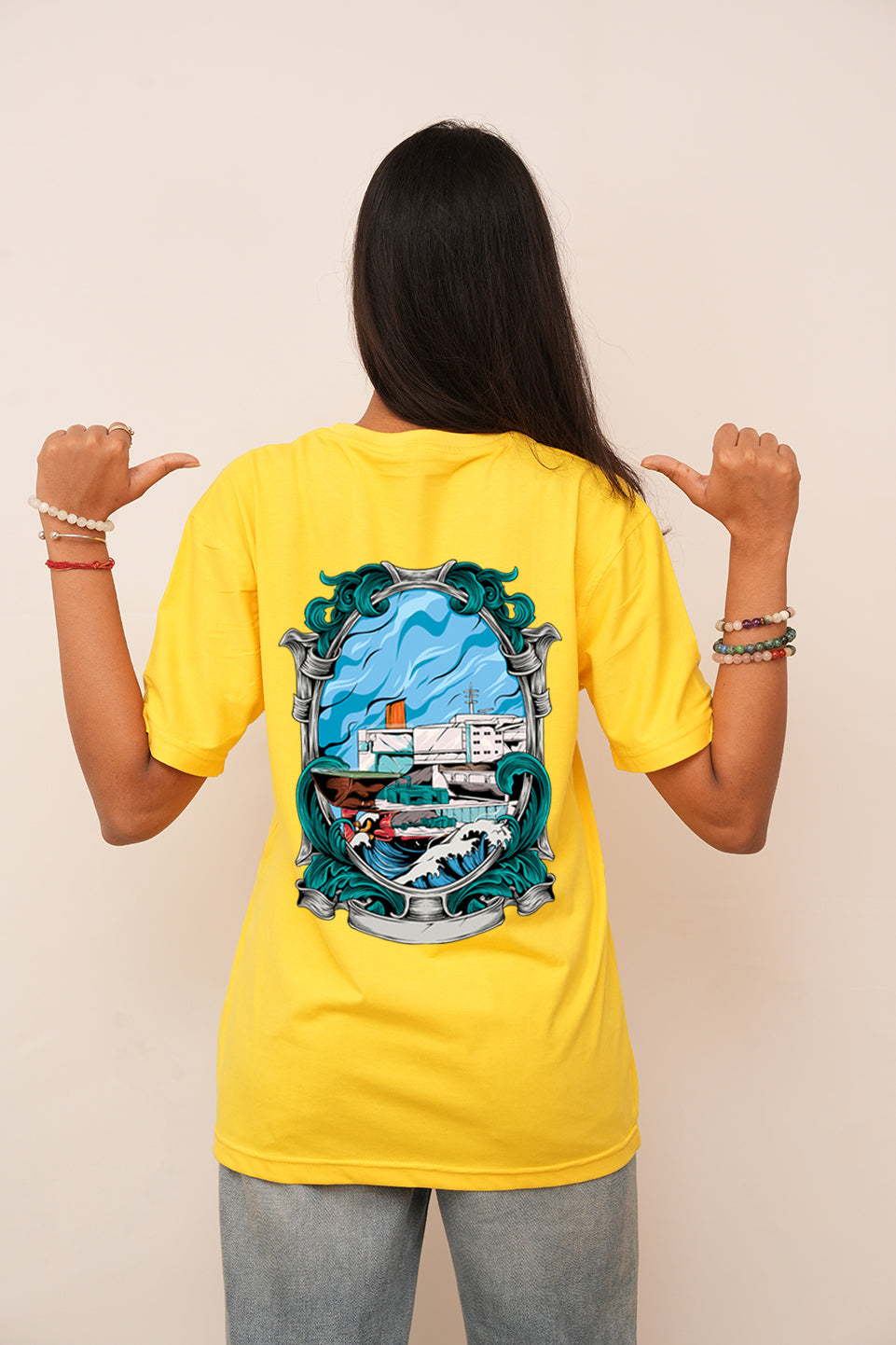 Women Oversized Warship On the Sea Printed Tshirt