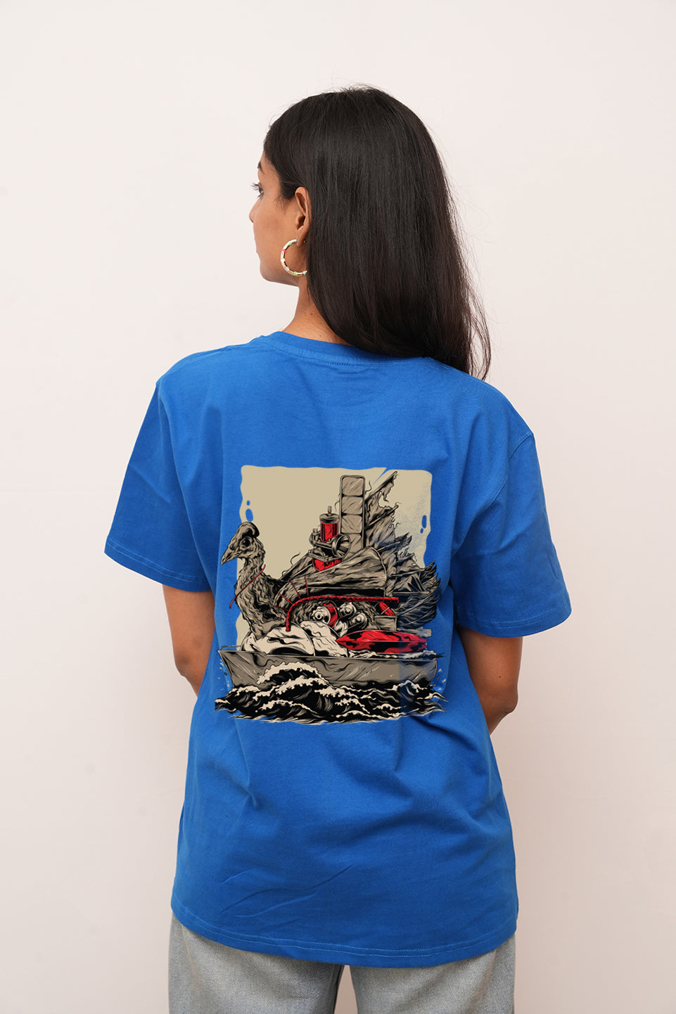 Women Oversized Warship On  Sea Printed Tshirt