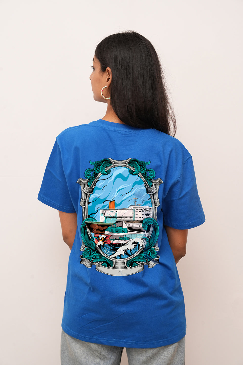 Women Oversized Warship On the Sea Printed Tshirt