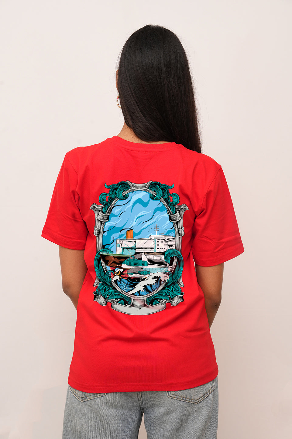 Women Oversized Warship On the Sea Printed Tshirt